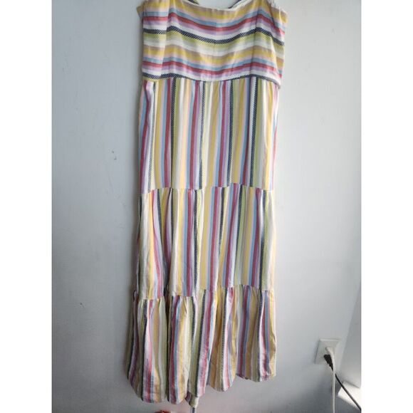 Julia Jordan Beige w/Blue Pink Yellow Strips Tiered Cotton Midi Dress size 16 - Picture 4 of 10